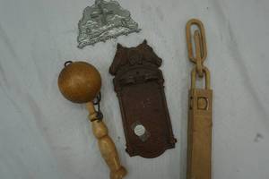 Vintage wood toy with original box, whittlers block, brush holder and silver hanger