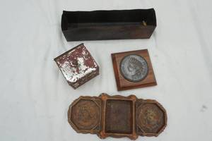 Antique tin boxes, plaque and dresser tray