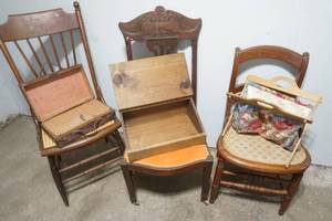 Variety of Vintage Wood Chair Lot and a Knitting basket, wooden bread box and more