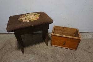 Vintage Needle Point Cushion Stool & Wooden Drawer