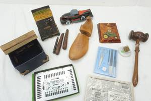 Vintage Judges Mallet, Avon Car Perfume bottle, shoe stretcher, vintage desk index and more
