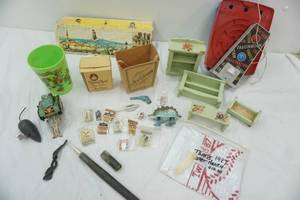 Vintage Pins, small wood dollhouse furniture, vintage tin mouse, Twins 1987 Hanky, Plastic Green Mickey drinking cup and more