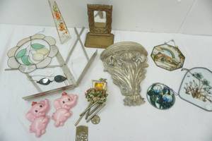 Vintage driving glasses, window glass decor, bell, music stand and decorative glass bottle