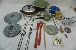 Stoneware set, enamelware and antique utensils with wood handle