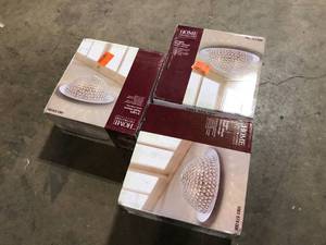 lot 40 image: Lot of 3  Home Decorators Collection Mosby 15 in. 3-Light Mirrored Stainless Steel Flush Mount with Clear Crystal Accents   Customer Returns See Pictures