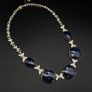 Large 141.57 Carat RARE Natural Unheated Blue Sapphire &amp Natural Diamond  Enamel Necklace in 18k Yellow Gold - $77,820 Appraisal Included