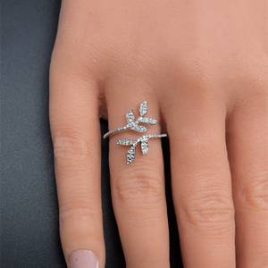 Pave Diamond Floral Garden Leaf Open Bypass Ring