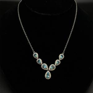 Pear Blue Topaz & Diamond Raindrop Halo Cluster Y-Necklace