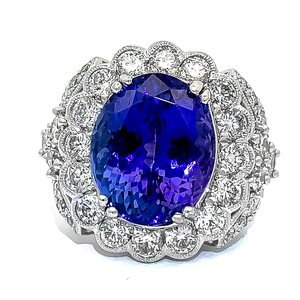 13.51 Carat AAA Fine Quality Tanzanite & Natural Diamond Halo Statement Ring in Platinum - $63,470 Appraisal Included VIDEO