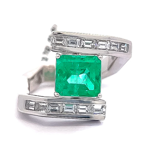 3.16 Carat Natural Colombian Emerald & Natural Diamond Baguette Art Deco Bypass Ring in Platinum - $28,782 Appraisal Included VIDEO