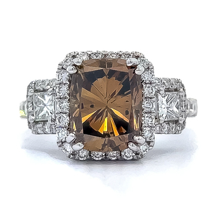 Brand New Fancy Dark Yellowish-Brown &amp White Natural Diamond Three-Stone Halo Ring in 18k White Gold - $27,350 Appraisal Included VIDEO