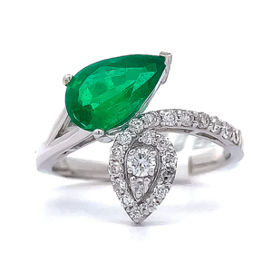 1.74 Carat Pear Emerald & Natural Diamond Cluster Bypass Ring in 18k White Gold - $8,590 Appraisal Included VIDEO
