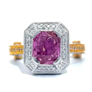 Brand New 4.16 Carat GIA Certified Natural Pink Sapphire &amp Natural Diamond Art Deco Euro Shank Ring in 18k Two-Tone Gold - $26,478 Appraisal Included VIDEO