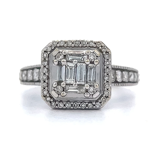 1.00 Carat Natural Diamond Halo Baguette Illusion Halo Ring 14k White Gold - $4,100 Appraisal Included VIDEO
