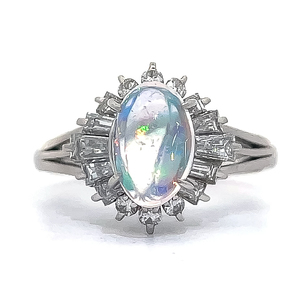 2.55 Carat Oval Cabochon Opal &amp Diamond Snowflake Cluster Split Shank Ring in Platinum $3,899 Retail