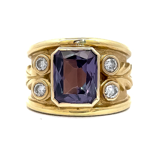 Lab Alexandrite &amp Diamond Modern Bezel Engraved Leaf &amp Vine Ring in 14k Yellow Gold $2,945 Retail