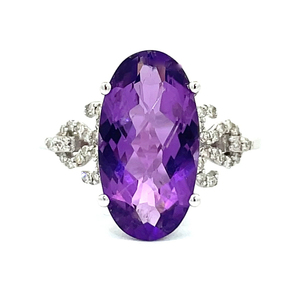 4.00 Carat Oval Amethyst &amp Diamond Snowflake Cluster Ornate Cocktail Ring in 14k White Gold