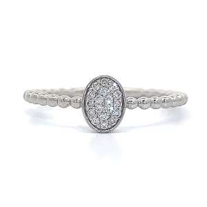 Oval Pave Diamond Beaded Band Stackable Ring White Gold
