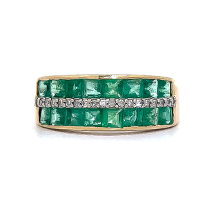 Vibrant Square Cut Emerald & Diamond Triple Channel Ring in 14k Yellow Gold
