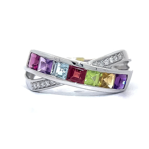 Rainbow Gemstone Amethyst, Garnet, Citrine, Peridot, Blue Topaz & Diamond Crossover Ring in White Gold  Sales Tag Attached