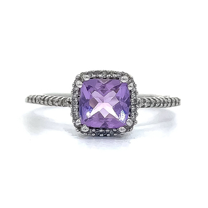 Amethyst &amp Pave Diamond Openwork Garden Flower Basket Cathedral Ring in White Gold