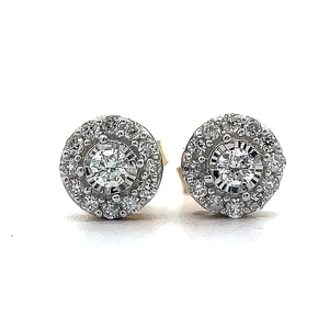 12 Carat Pave Round Diamond Halo Cluster Stud Earrings in Yellow Gold