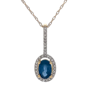 Oval Blue Sapphire & Pave Diamond Halo Elongated Drop Pendant & Chain Necklace in Yellow Gold