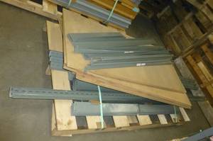 Shelving lot - approx 36 upgrights, lots of cross braces, 6 4ft boards, 7 sheets of 4x8 particle board, wire deck