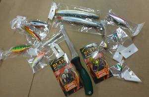 Group of fishing lures and knife