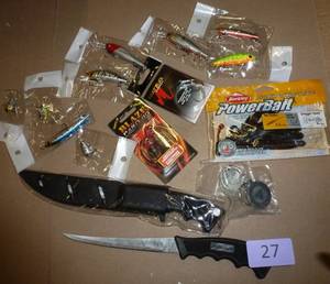Group of fishing lures and 2 filet knives