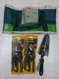Garden shovels, anvil pruners, bag, water can, kids potty chair flower pot