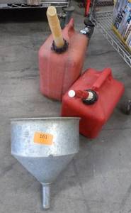 2 gas cans and a funnel