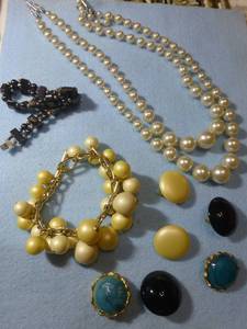 Vintage double strand necklace with matching bracelet and clip earrings, plus bauble bracelet and other clip earrings and necklace