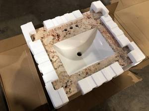 lot 30 image: Home Decorators Collection 25 in. W x 22 in. D Cultured Marble White Rectangular Single Sink Vanity Top ONLY in Rustic Gold  Customer Returns See Pictures