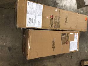 lot 32 image: FUFU&GAGA White Wooden TV Stand Fits TVs up to 75 in. with Open Shelves and Tempered Glass Door Cabinet   Customer Returns See Pictures