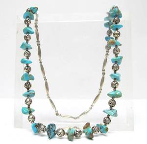 lot 5 image: Southwestern Sterling Silver & Turquoise Beaded Necklace 