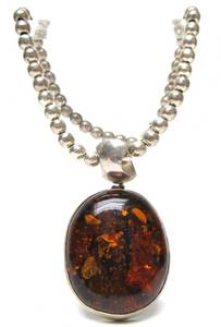lot 13 image: Large Taxco Sterling Silver & Amber Pendant Necklace