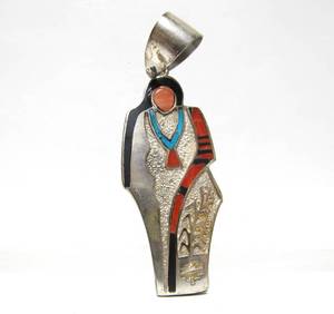 lot 21 image: Signed Southwestern Sterling Silver & Inlaid Gemstone Figural Pendant