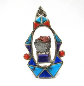 lot 23 image: Signed Vintage Southwestern Sterling Silver Pendant wTurquoise Coral & Lapis - Signed Ray