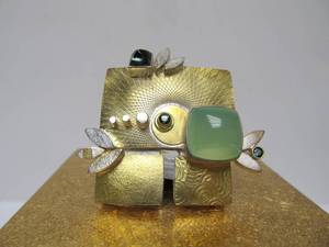 lot 1 image: Outstanding Signed Modernist 22K Gold & Sterling Silver Multi-Gemstone Brooch Pendant