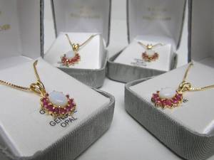 lot 32 image: Lot of 4 Brand New 18K over Sterling Silver Pendant Necklaces wRubies & Opals