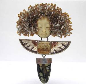 lot 40 image: Funky Eclectic Sterling Silver Carved Bone Gemstone & Bead Figural Brooch by Debra Dembowski