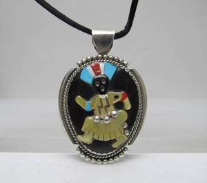 lot 43 image: Signed Vintage Southwestern Zuni Sterling Silver Inlaid Pendant Necklace by Bev Etsate