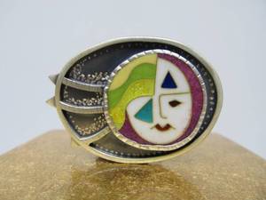 lot 47 image: Signed Sterling Silver Modernist Cloisonne Face Brooch