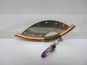 lot 49 image: Signed Vintage Modernist Sterling Silver & Copper Brooch wAmethyst Crystal by Iris Wiinikka