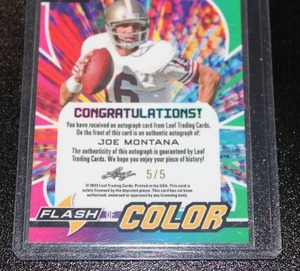 lot 9 image: 2023 Leaf Flash of Color Joe Montana Autograph #FC-JM1 55  Only 5 Exist