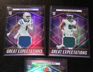 lot 35 image: 2023 Illusions Great Expectations Jersey Relic Lot  Josh Downs - Jalen Carter - Cedric Tillman