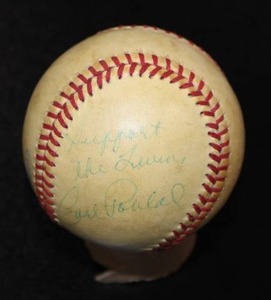 lot 97 image: Minnesota Twins Carl Pohlad Autographed Baseball w Inscription Support The Twin On Side Panel