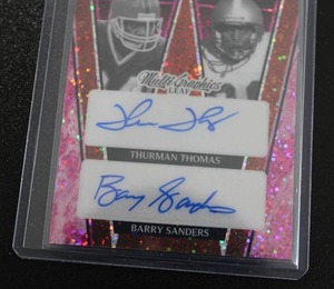 lot 116 image: 2023 Leaf Alumni Graphs Pink Thurman Thomas  Barry Sanders Dual Autograph #MAG-12 37  Only 7 Exist