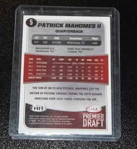 lot 201 image: 2017 Sage Hit Patrick Mahomes #5 Rookie Card